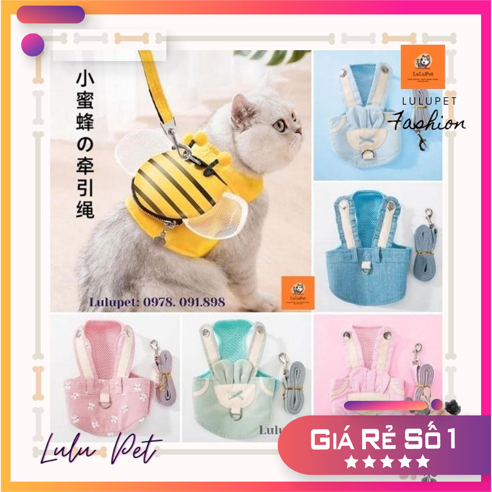 Combo Dây Dắt Kèm Đai Yếm Hàn Quốc Dành Cho Thú Cưng, dây dắt cho chó mèo, quần áo cho chó, cho mèo