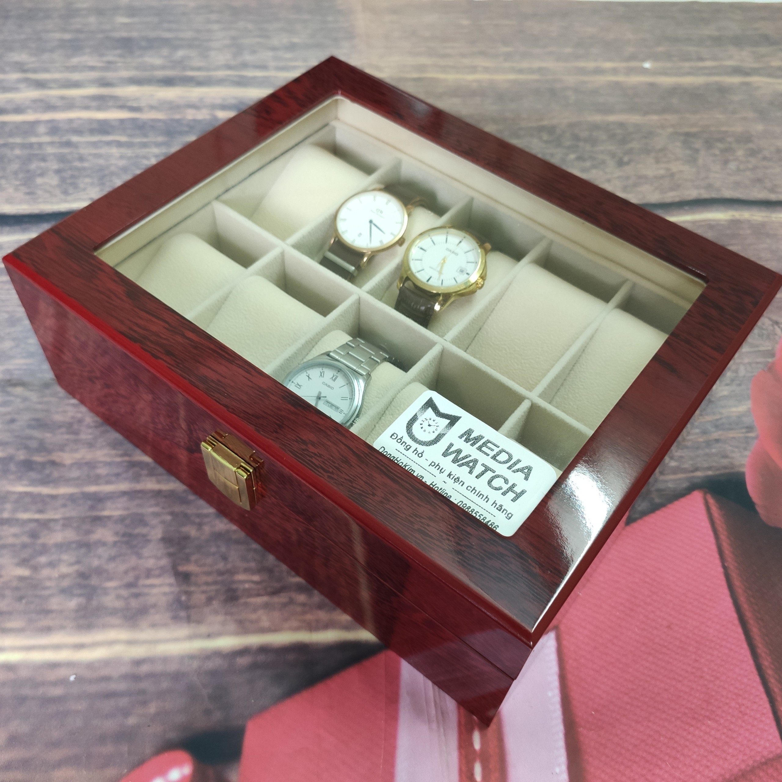 Hộp đựng đồng hồ, hộp đồng hồ bằng gỗ, hộp đựng 12 đồng hồ gỗ đỏ cao cấp W42