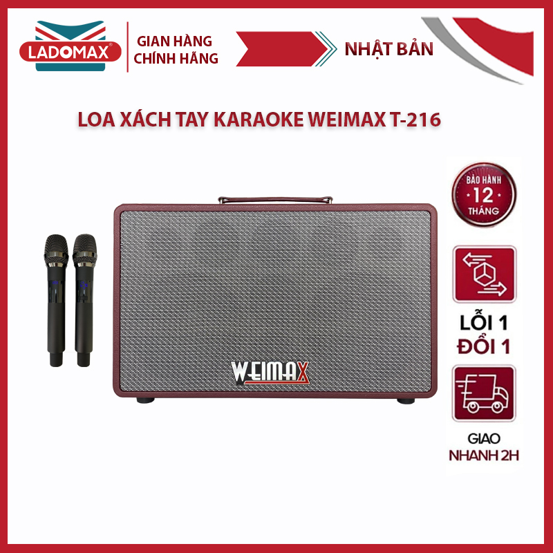 Loa karaoke xách tay weimax t-216 | công suất 750w, bluetooth 5.0, 2 bass 16cm, pin 6h, thiết kế 9 đường tiếng, chống hú và chống nhiễu, kèm 2 micro không dây chính hãng - bảo hành 12 tháng