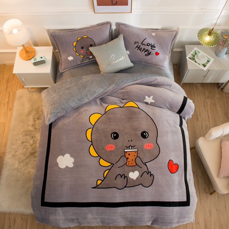 BỘ CHĂN GA GỐI NỈ NHUNG CAO CẤP HÌNH VỊT GHI  CUNG CẤP BỞI THỎ BEDDING