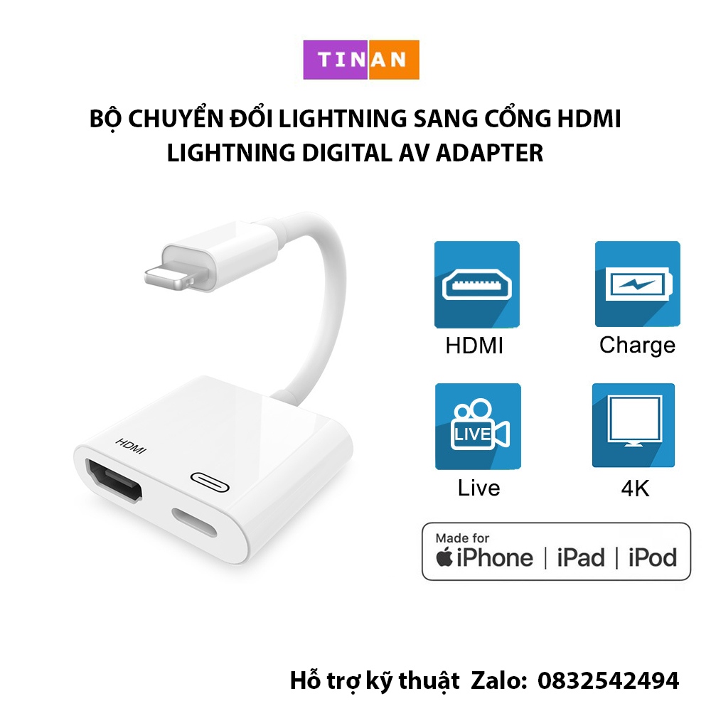 Cáp chuyển đổi lightning sang hdmi, hiển thị từ điện thoại sang máy chiếu, tv