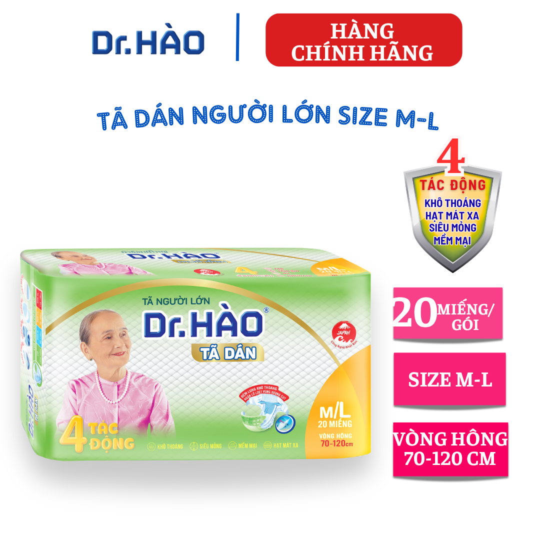 {Hàng chính hãng} Tã dán người lớn Dr. HÀO size M/L 20 miếng, Bỉm người già  kháng khuẩn, chống hăm, khử mùi, tả giấy người bệnh