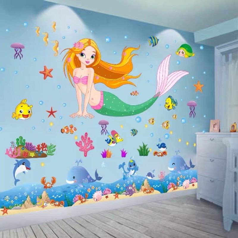 Decal dán tường nàng tiên cá và chân tường cá heo