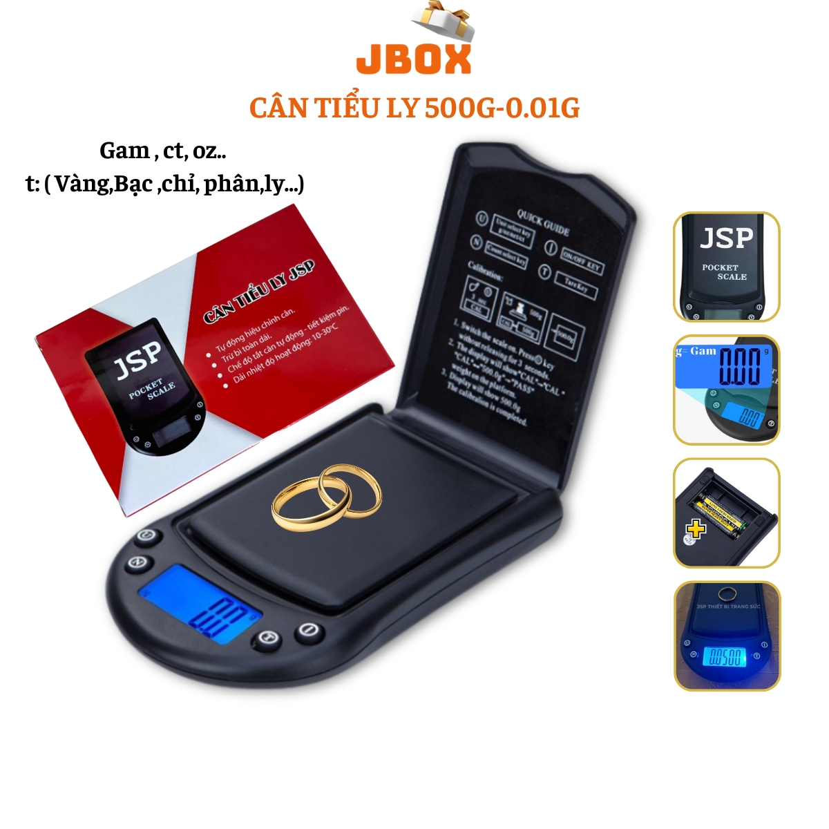 Cân tiểu ly điện tử phu kiện gam, carat, vbđq chính xác cao 0.01g 500g nhỏ gọn kèm pin mana