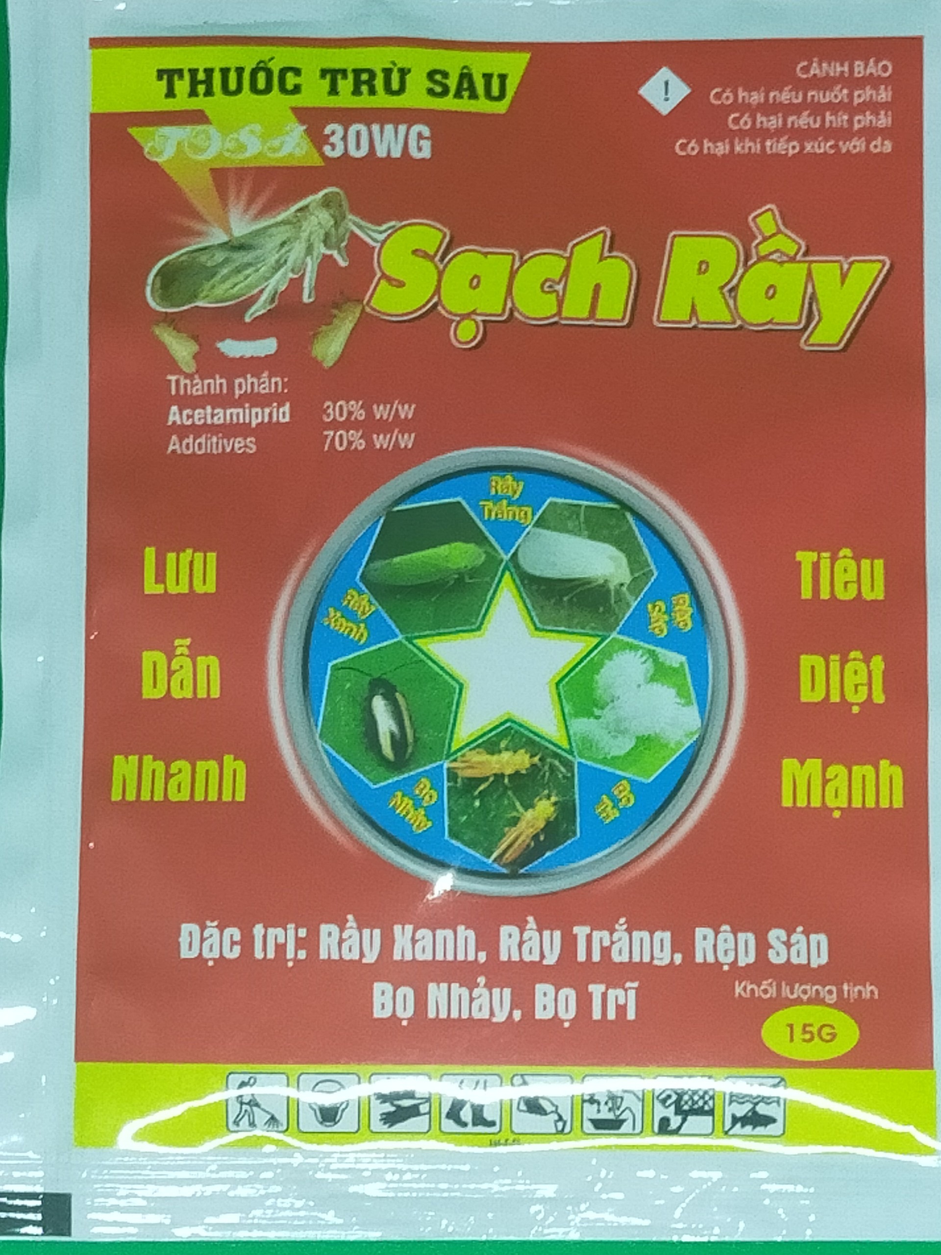 Thuốc trừ sâu Sạch Rầy gói 15 gram, trừ bọ trĩ, rầy xanh, rệp sáp, bọ phấn trắng, bọ cánh cứng, bọ nhảy, bọ cánh cam.