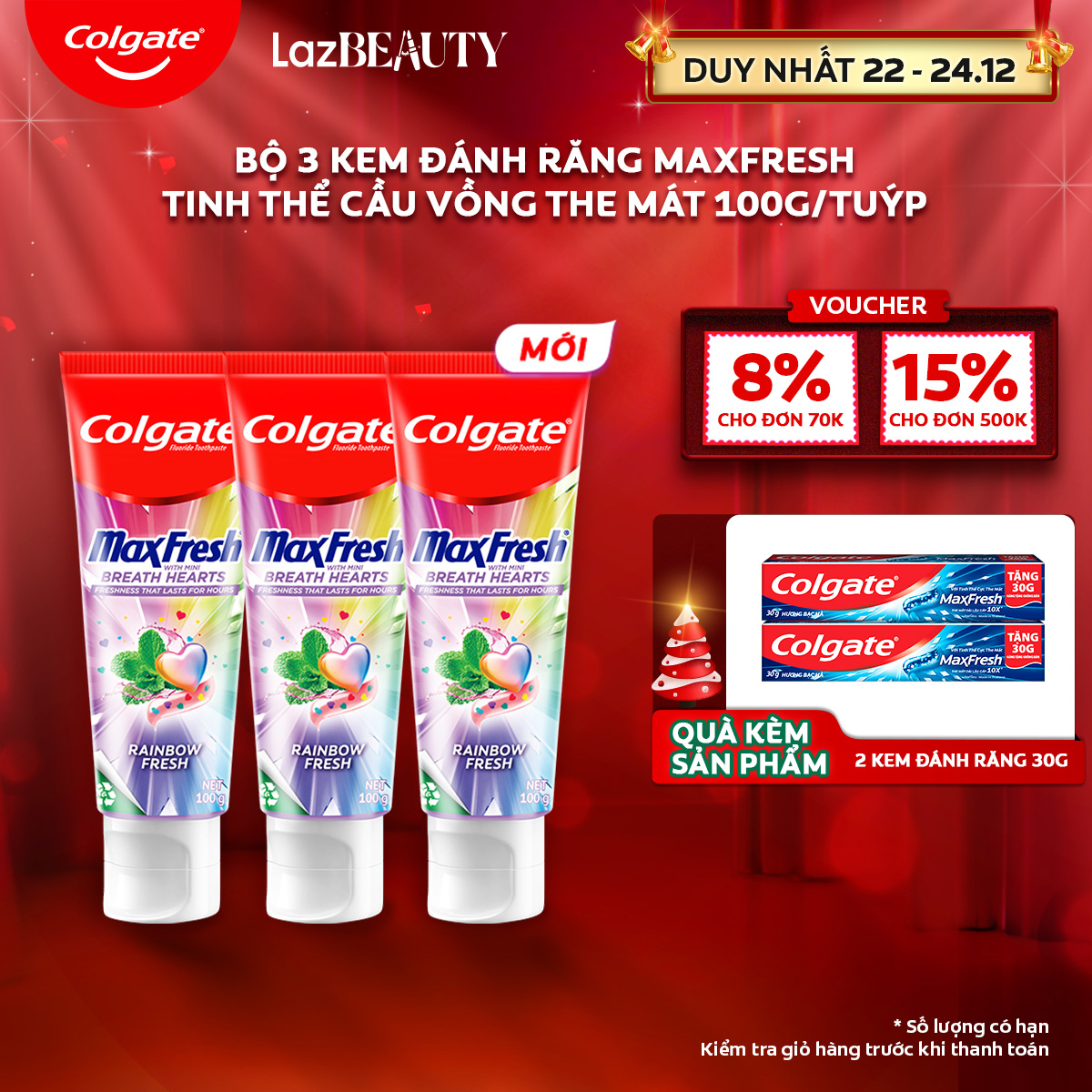 [Chỉ 22 - 24.12_Áp Voucher giảm thêm 8%][MỚI] Bộ 3 Kem đánh răng Colgate MaxFresh Hương nhiệt đới, tinh thể cầu vồng the mát 100g/ tuýp