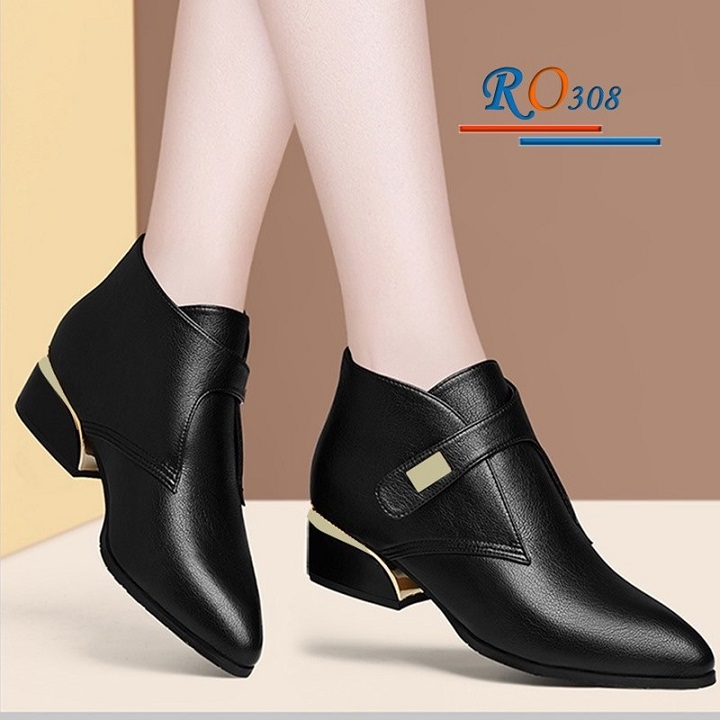 Giày bốt nữ cổ thấp 4p hai màu đen kem thời trang hàng hiệu rosata ro308
