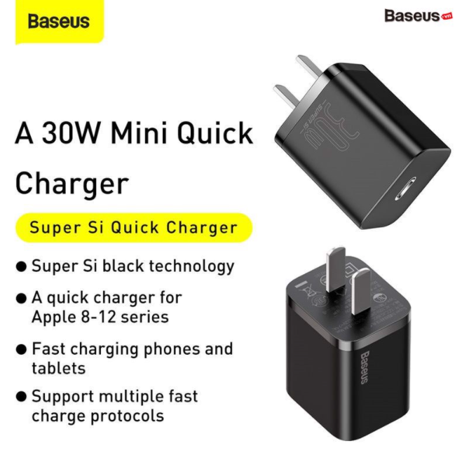 [BH 12 Tháng] Củ Cốc sạc nhanh Baseus Super Si Quick Charger 30W dùng cho iPhone/ Samsung/ OPPO (30W, Type C, PD/ QC3.0 Quick charger)