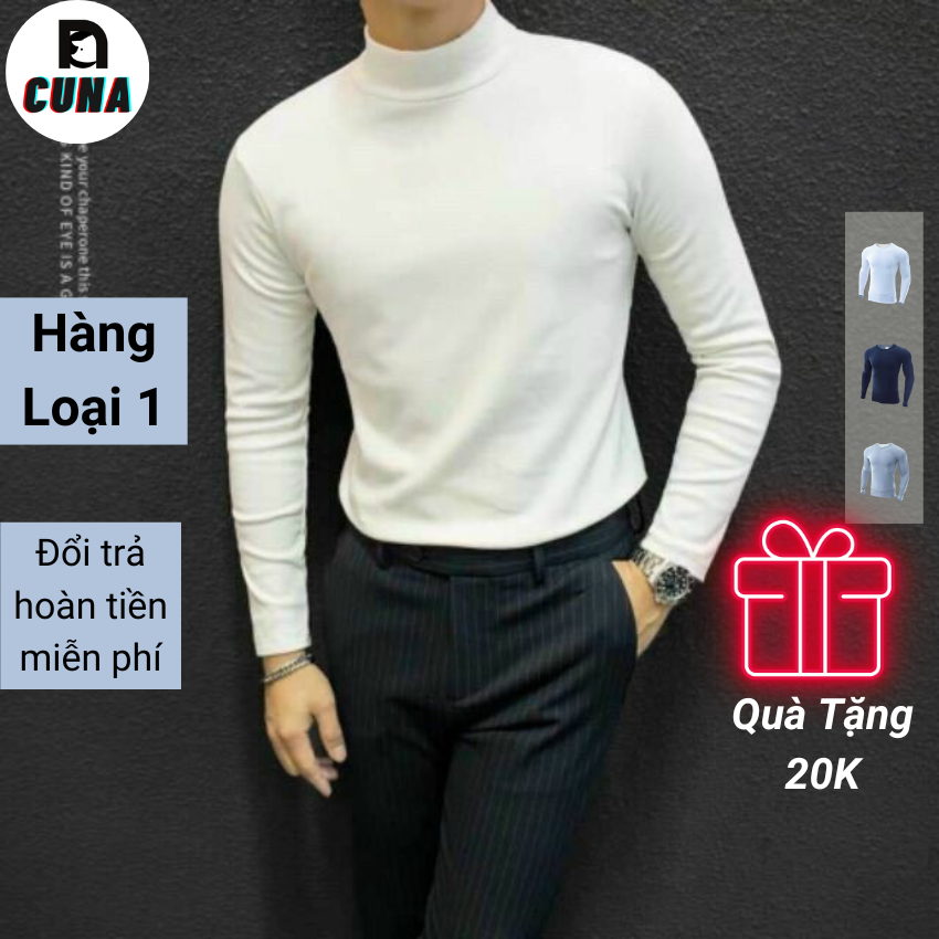 Áo Giữ Nhiệt Nam CUNA Áo Thun Tay Dài Nam Có Cổ Cao Lót Nỉ Cotton Thu Đông Giữ Ấm Thể Thao Cao Cấp Màu Trắng Đen Ghi
