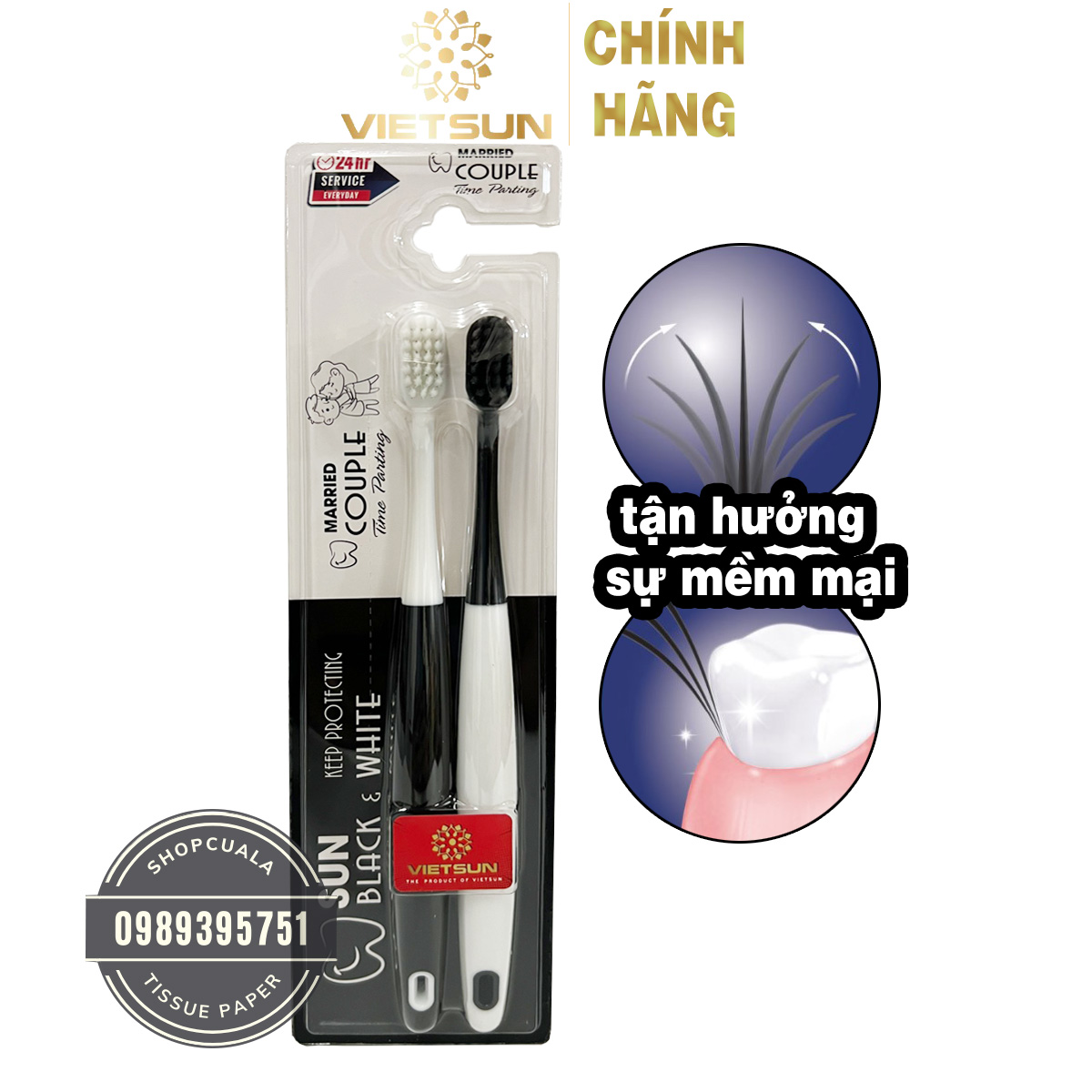Combo 2 bàn chải đánh răng Couple Vietsun Black & White cao cấp - lông siêu mềm