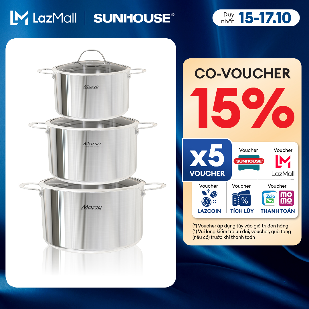 Bộ nồi inox 5 đáy - Dùng được với mọi loại bếp Sunhouse Mama SH784 - 5 lớp đáy tỏa nhiệt đều, giữ nhiệt lâu, hạn chế cháy khét- Đường kính lòng nồi 16 – 20 – 24cm