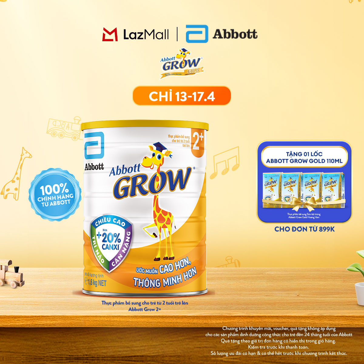 [CHỈ 13-17.04 QUÀ TẶNG CHO ĐH 899K-SLCH] Sữa bột Abbott Grow 2+ Hương Vani  1.6kg