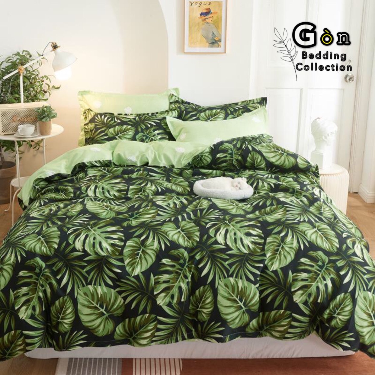 Bộ Chăn Ga Gối Cotton Poly , Lá Khoai Xanh , Chất Liệu Thoáng Mát , Kích Cỡ Đa Dạng ( 1 Grap , 1 Vỏ Chăn , 2 Vỏ Gối ) By. Gòn