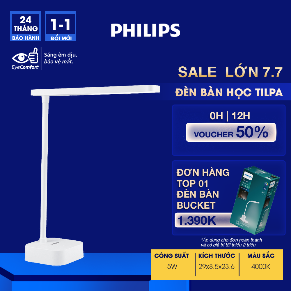 Đèn bàn học PHILIPS bảo vệ mắt DSK212 Tilpa PT 5W 4000K - Điều chỉnh độ sáng, êm dịu cho đôi mắt khỏe đẹp