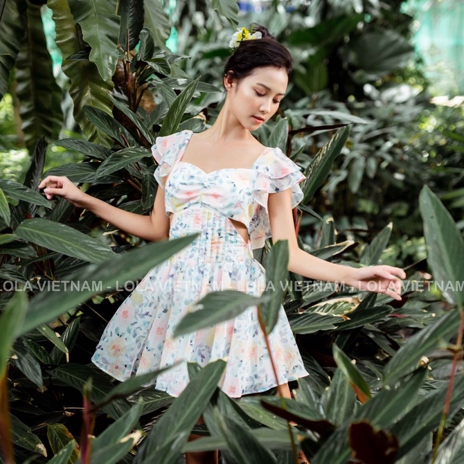 Đầm nữ hoa lola vietnam thiết kế cốt nơ phía sau tầng xòe xinh xắn