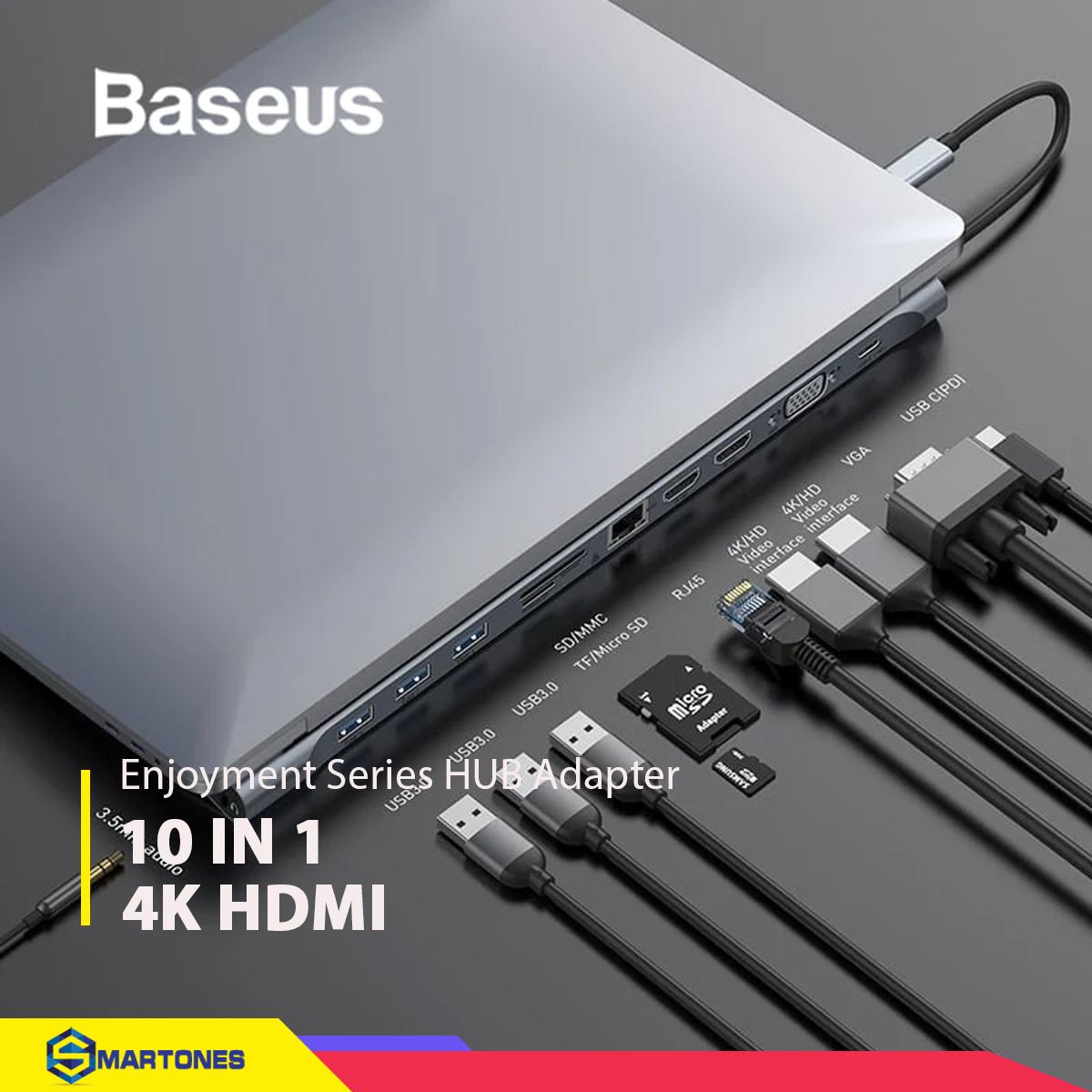 Cổng chuyển đa năng USB HUB Type C Baseus Enjoyment Series 10 in 1 USB 3.0, HDMI, TF SD , Lan, VGA, PD 60W, Jack 3.5mm cho Macbook , Laptop