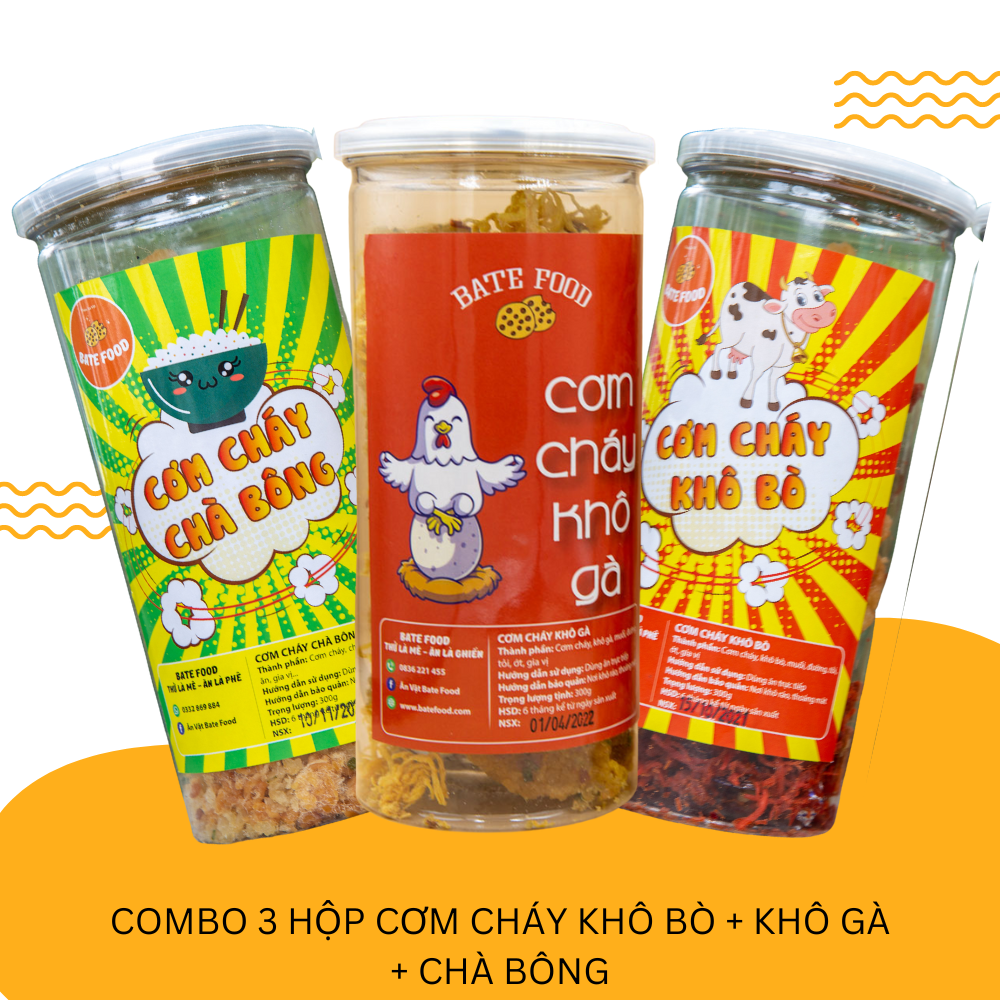 Combo 3 hộp cơm cháy lắc các loại: khô gà, khô bò, chà bông - mỗi hộp 300g
