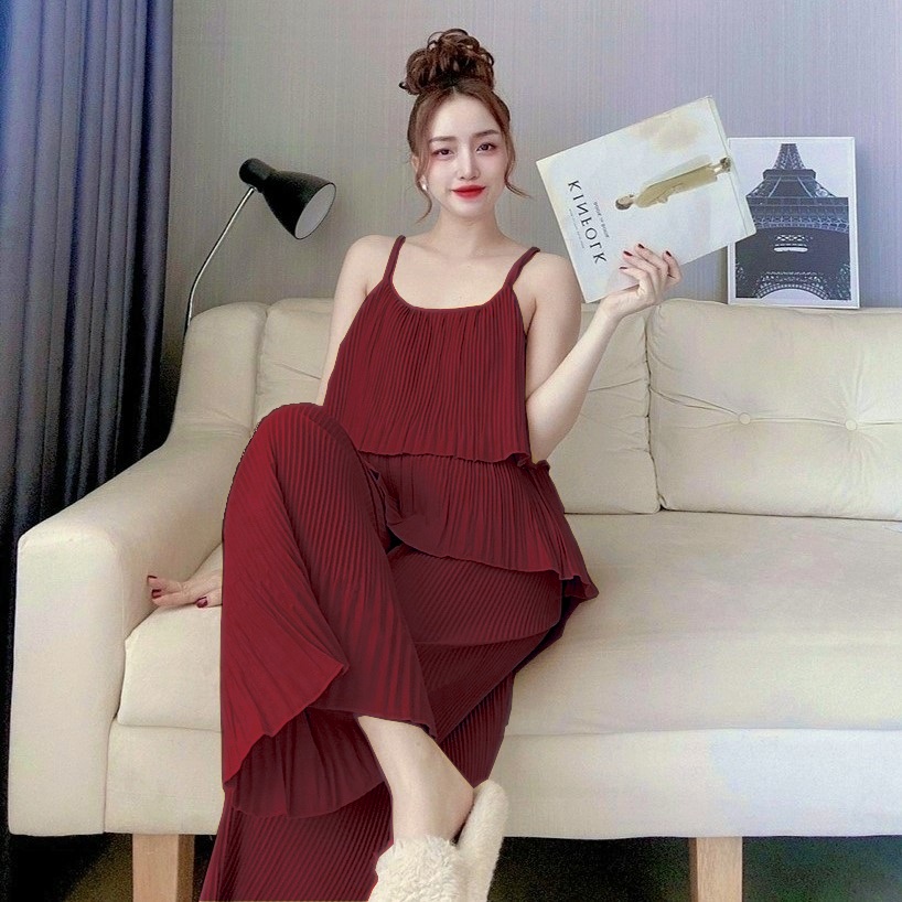 Đồ bộ nữ quần ống suông rộng vải lụa dập ly xốp, mịn, mát, ít nhăn