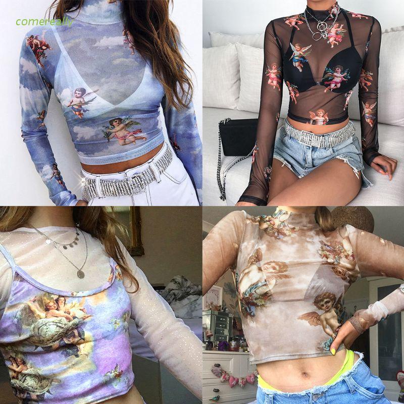 Áo croptop tay dài cổ lọ phối lưới xuyên thấu in hình thần cupid a5292