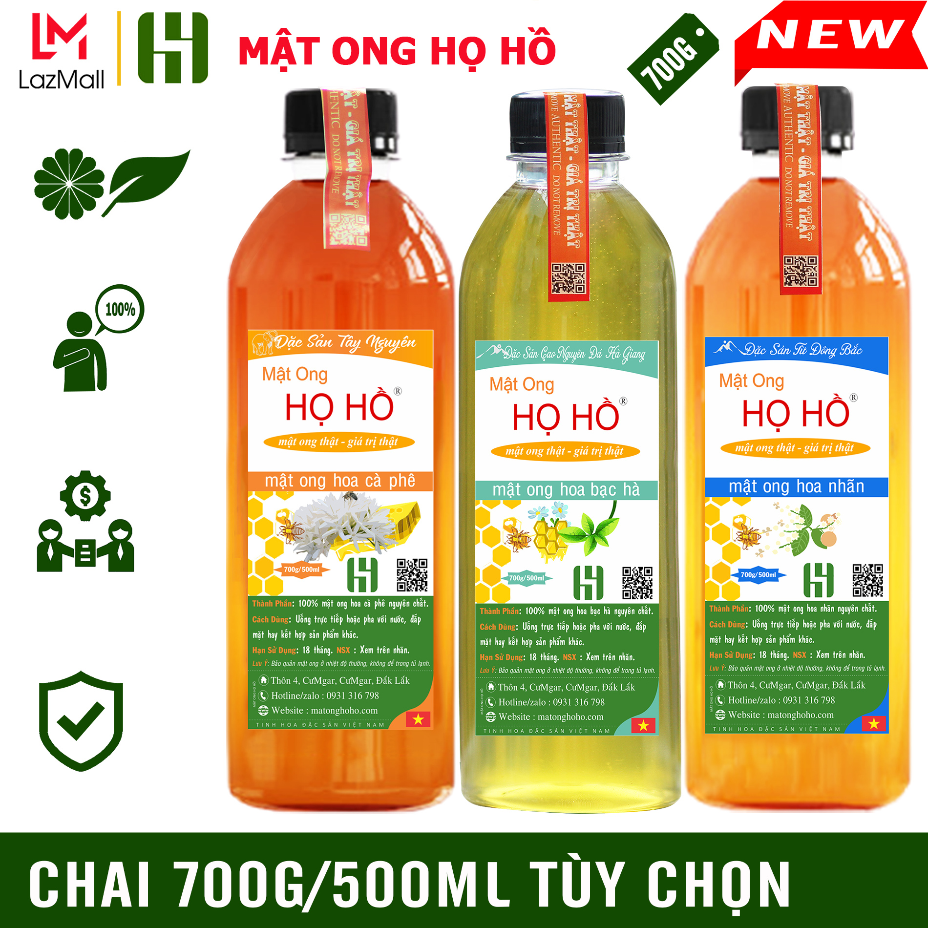 Chai 700g/500ml Mật ong Họ Hồ tùy chọn mật cà phê/ mật nhãn/ mật bạc hà nguyên chất - Thương hiệu mật ong Họ Hồ mật thật giá trị thật, khai thác tự nhiên - mat ong new