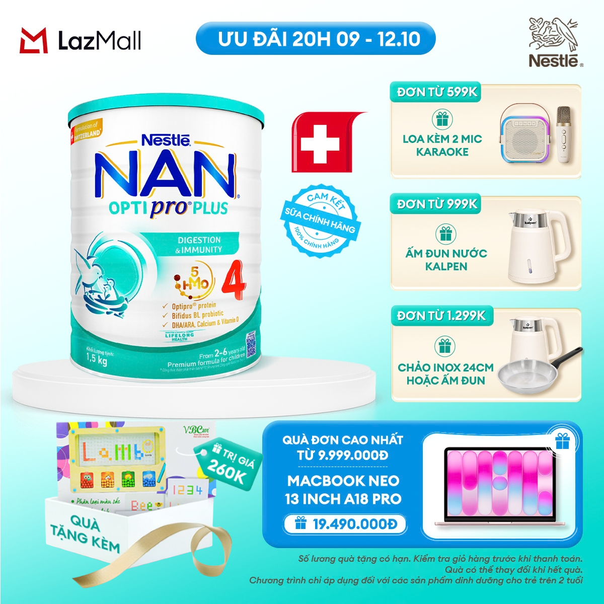 [CHỈ 20h 9-12.10 QT ĐƠN 599K/999K/1299K][Tặng Đồ chơi phân loại màu sắc] Sữa bột Nestlé NAN OPTIPRO PLUS 4 1500g/lon với 5HMO Giúp tiêu hóa tốt