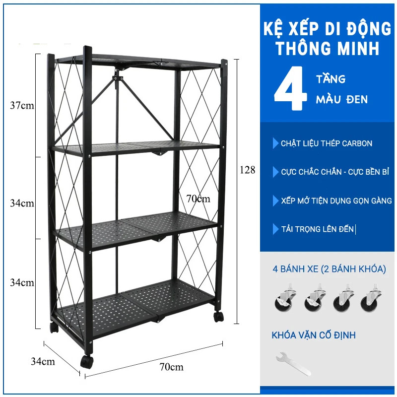 Kệ gấp 4 tầng -kệ đựng đồ đa năng gấp gọn - kệ nhà bếp, kệ trang trí, giá để sách - sức chứa gấp 2,5 lần - gấp siêu mỏng chỉ 8 cm - có bánh xe xoay 360 độ - giá để đồ sơn đen tĩnh điện 3 lớp