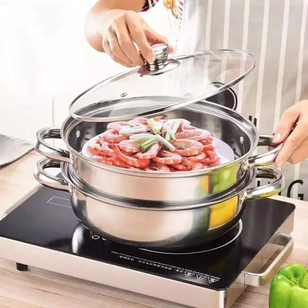 Bộ nồi kèm xửng hấp inox 28cm - nồi hấp đa năng 2 tầng cao cấp nắp kính, bộ xửng hấp đa năng, nồi pot 2 tầng