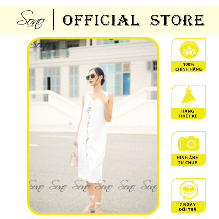 Đầm linen cổ tim thêu dọc phong cách trẻ trung năng động chất đẹp
