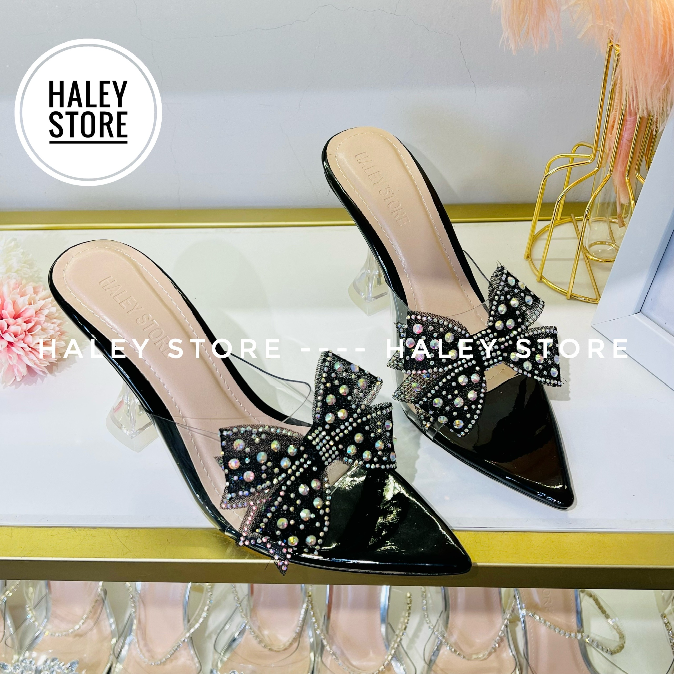 Sục mika nơ nhũ HALEY STORE gót ly 9cm nơ nhũ đính xoàn hở mũi quai mika tiểu thư cô dâu tiệc cưới rẻ bền đẹp êm chân