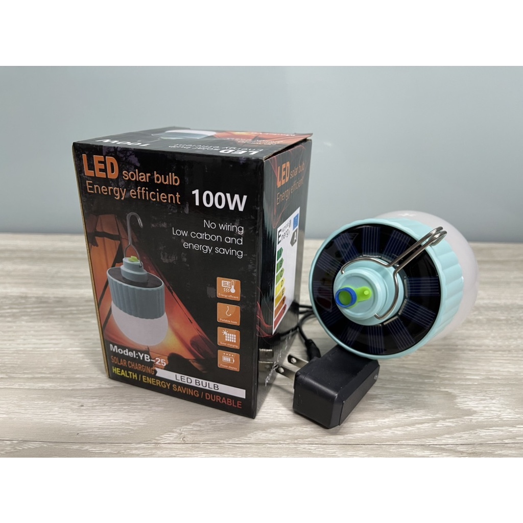 Đèn tích điện NLMT 100W (YB25), ánh sáng trắng, sạc bằng năng lượng mặt trời hoặc dây sạc, đèn có móc treo thuận tiện