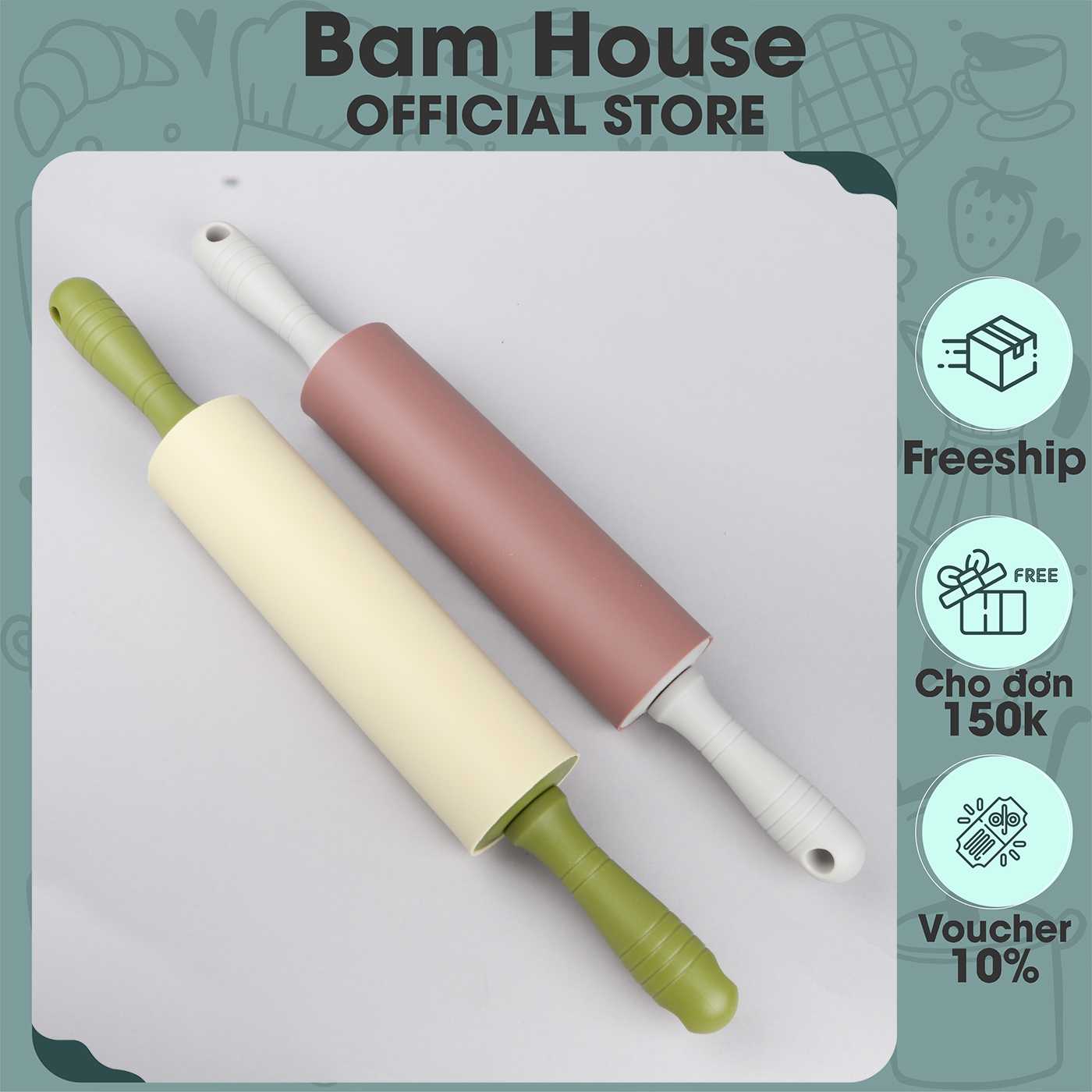 Cây lăn bột Bam House cán nhựa bề mặt silicon cao cấp CLB01