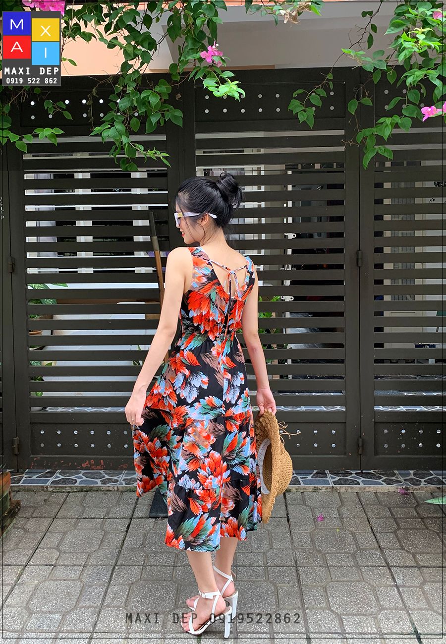 Đầm maxi lanh cao cấp kiếu dáng sát nách hoa đỏ cam fullsize chất mát, dễ chịu