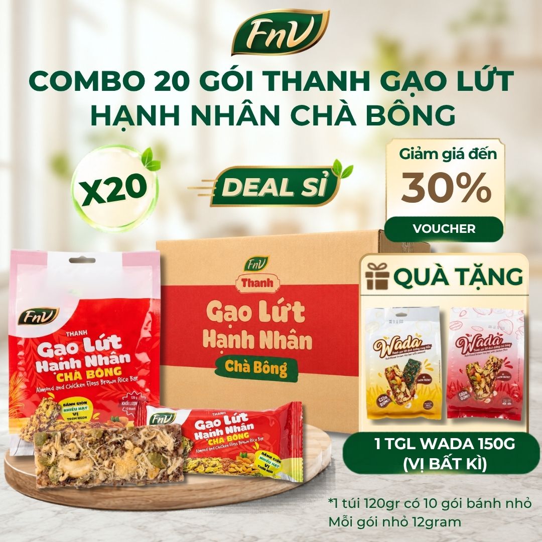 [DEAL SỈ] Combo 20 gói thanh gạo lứt hạnh nhân chà bông ăn vặt không đường ít calo FNV 20 gói x 120g bánh giảm cân