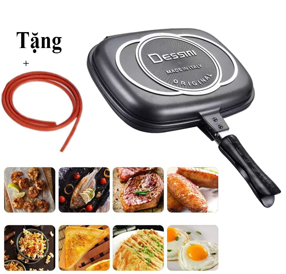 Chảo chống dính 2 mặt Dessini xuất xứ ITALY 36cm đa năng tiện dụng chống dính,chiên,rán thức ăn(màu đen,tặng dây silicon)