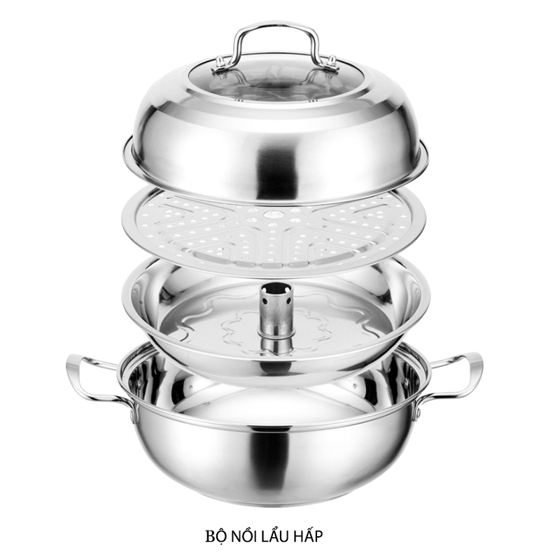 Bộ nồi lẩu hơi kiêm hấp đa năng loại D30 bằng inox đáy 3 lớp dùng được cho bếp từ, hồng ngoại