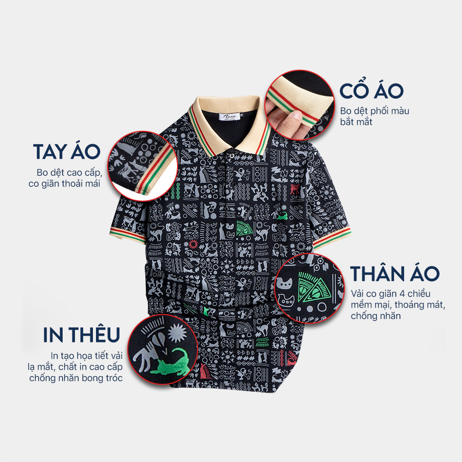 Áo thun nam Polo chống nhăn vải cá sấu mền mịn họa tiết Ai Cập trẻ trung form vừa cao cấp