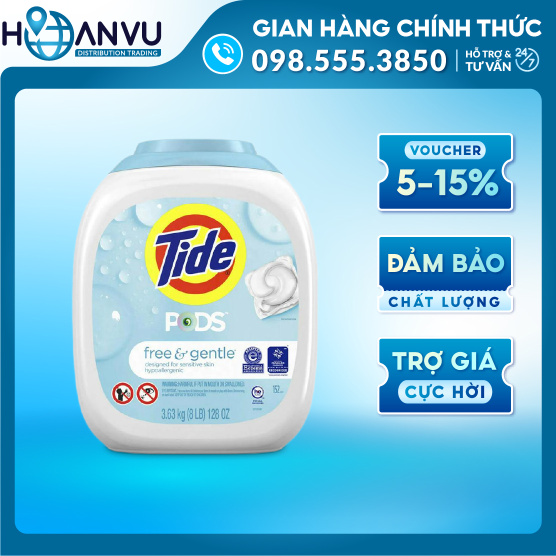 Viên giặt tẩy Tide Pod HE Laundry Detergent Free & Gentle 152 viên