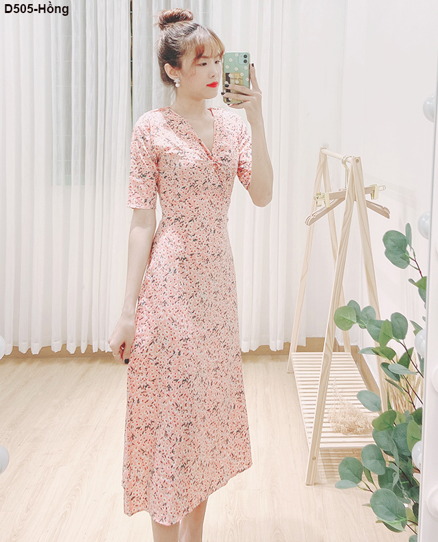 D505- Đầm lụa hoa dáng dài vintage
