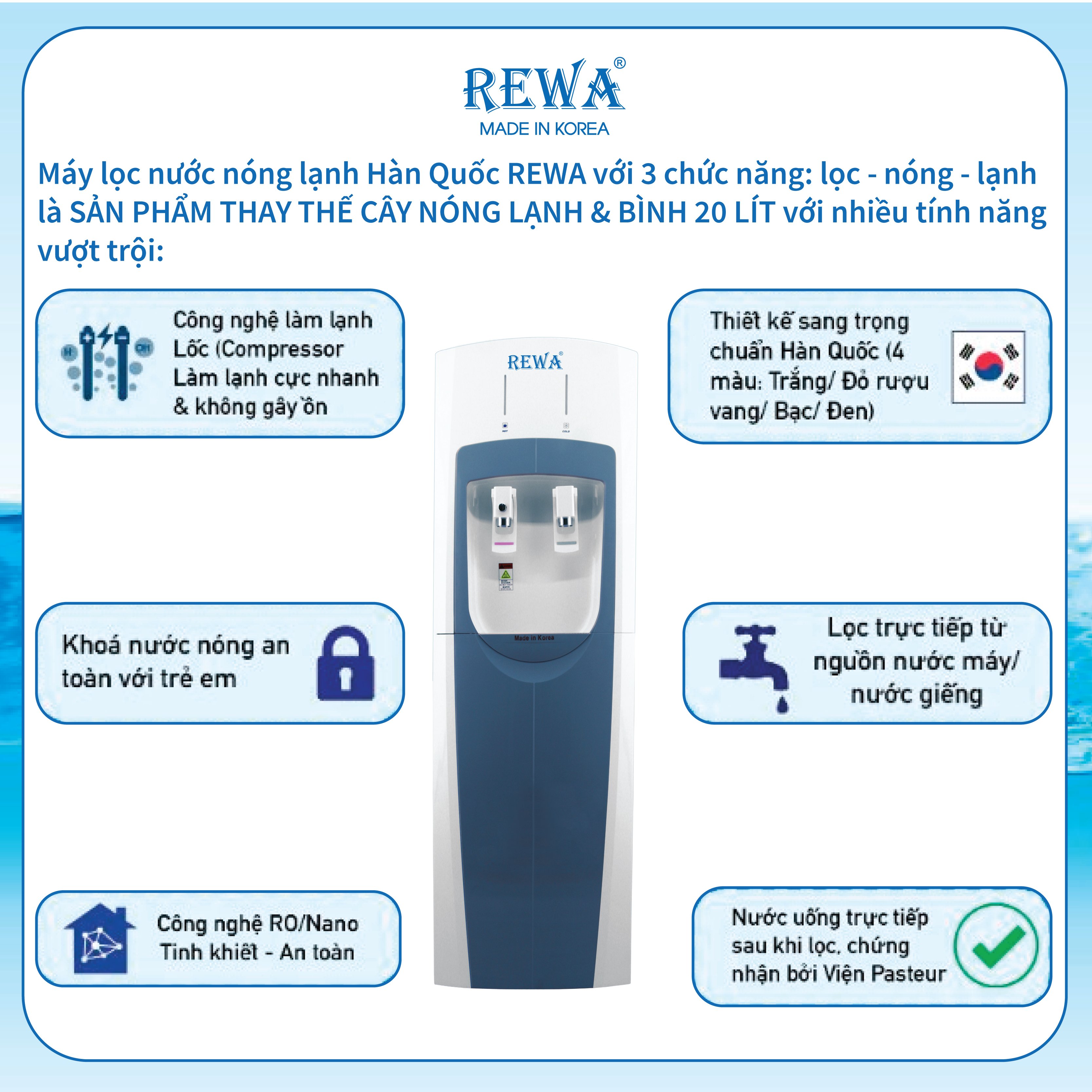 Máy lọc nước nano nóng lạnh rewa - rw - na - 340 xanh 2lit chuyên dùng cho nhà xưởng