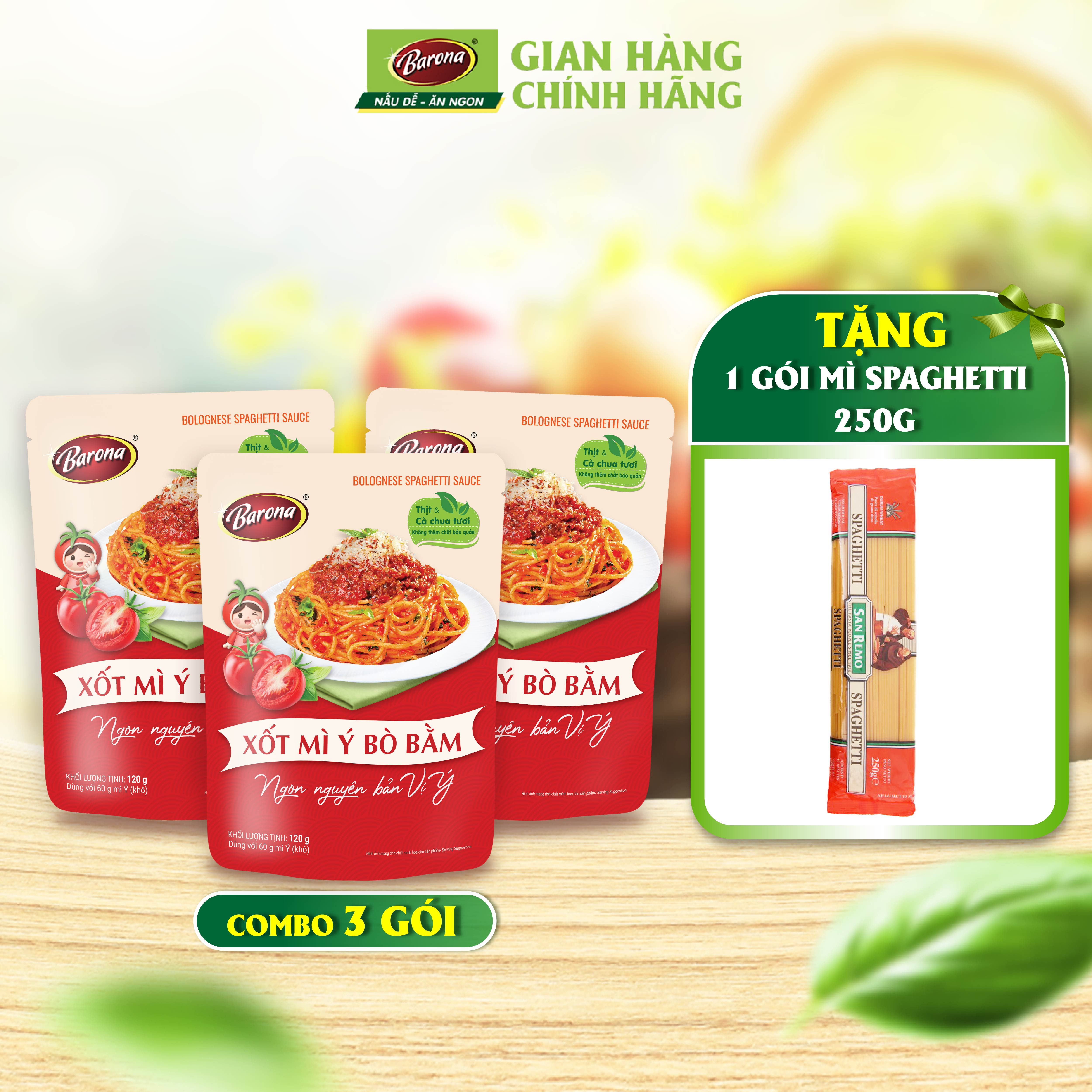 Combo 3 gói Xốt Mì Ý Bò Bằm Barona 120g tặng 1 gói Mì Spaghetti 250g