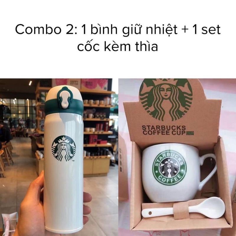 Set 2 bình giữ nhiệt, cốc sứ kèm thìa cao cấp