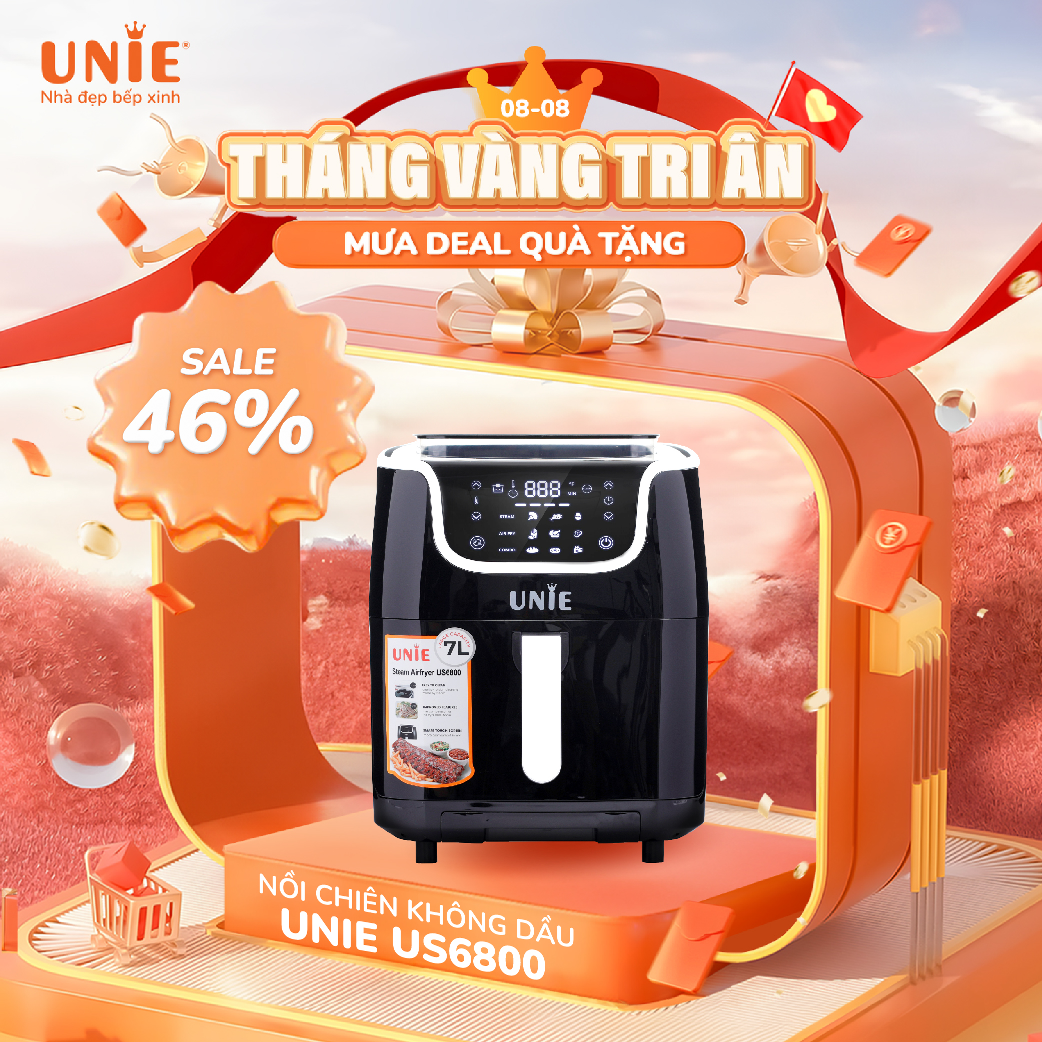 Nồi chiên hơi nước Unie Steam US6800, công suất 1700W, dung tích 7L, Nướng  - chiên - hấp 3 trong 1, bảo hành 24 tháng