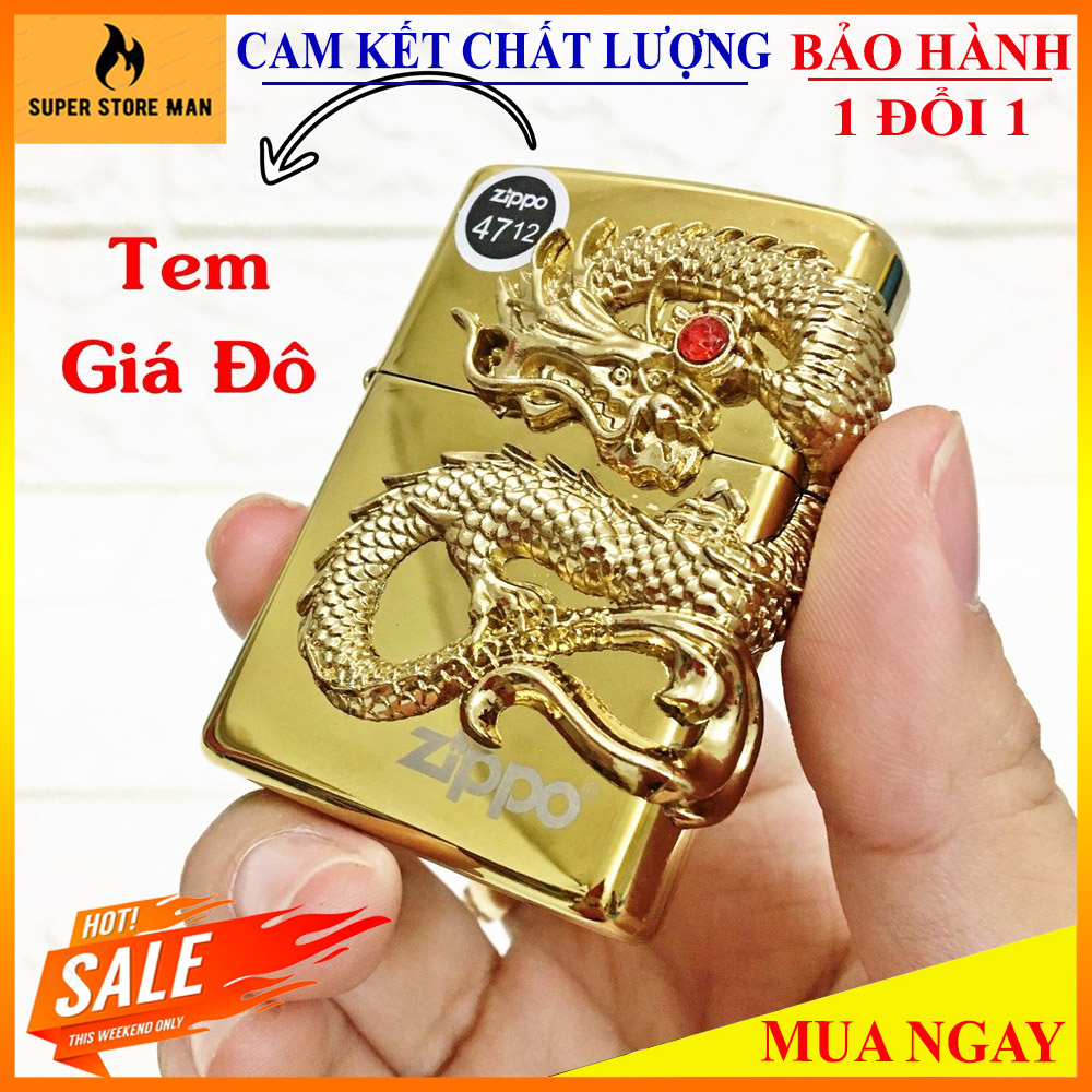 [BẢN GIỚI HẠN] Bật Lửa, Hộp Quẹt Zippo-Mỹ Mạ Chorme Cao Cấp – Made In Usa Có Tem Đỏ – Khắc Sâu Mộc Đáy, Vỏ Ruột Trùng Khớp - Rồng Nối Cẩn Ngọc Cực Chất – Hàng Xịn Full Box#Vàng