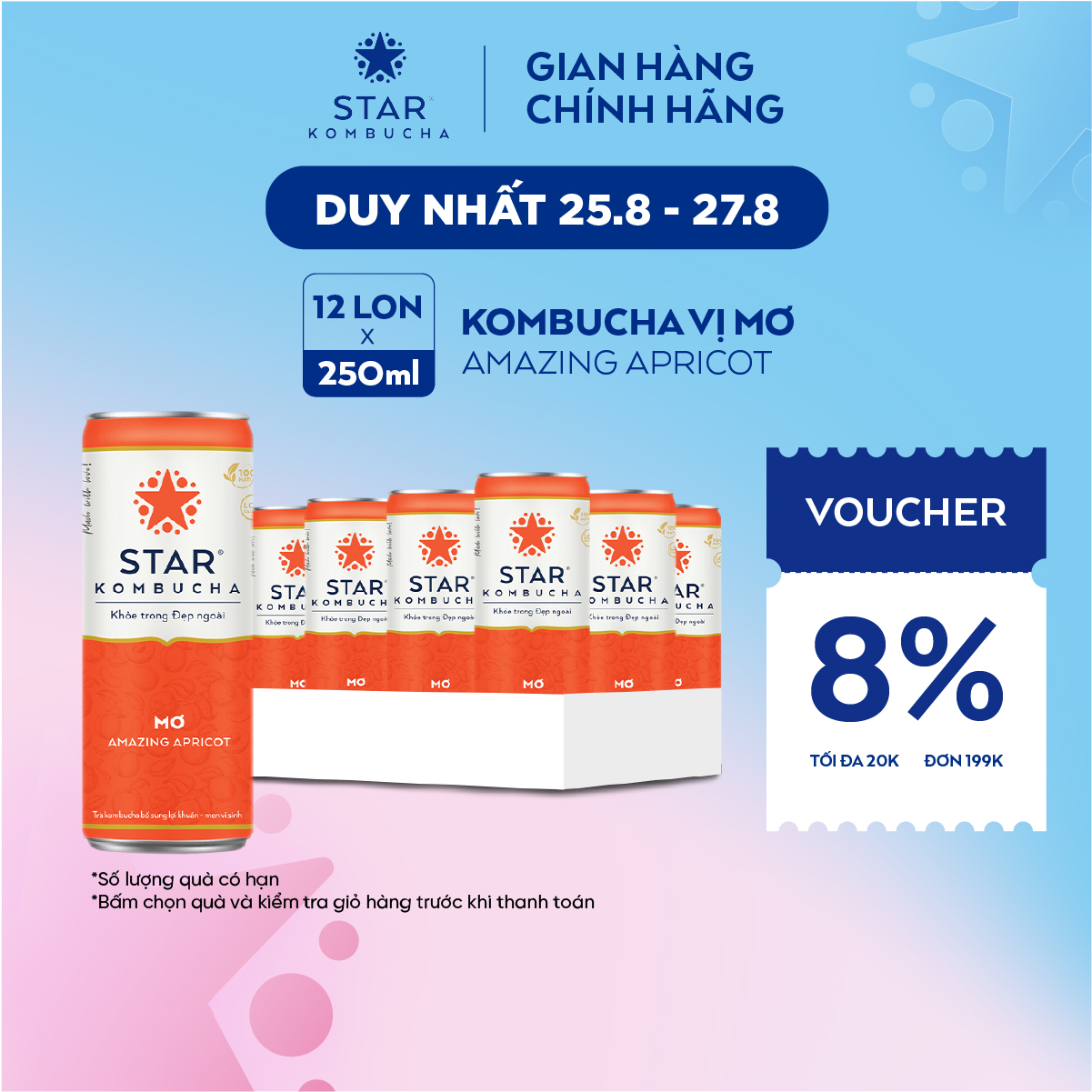 Thùng 12 lon trà STAR KOMBUCHA Mơ / Amazing Apricot (250ml/lon) - Trà lên men vi sinh chứa probiotics giúp bảo vệ sức khoẻ, thanh lọc toàn diện, tăng đề kháng dùng cho mọi lứa tuổi, Chứng Nhận FDA tiêu chuẩn Mỹ