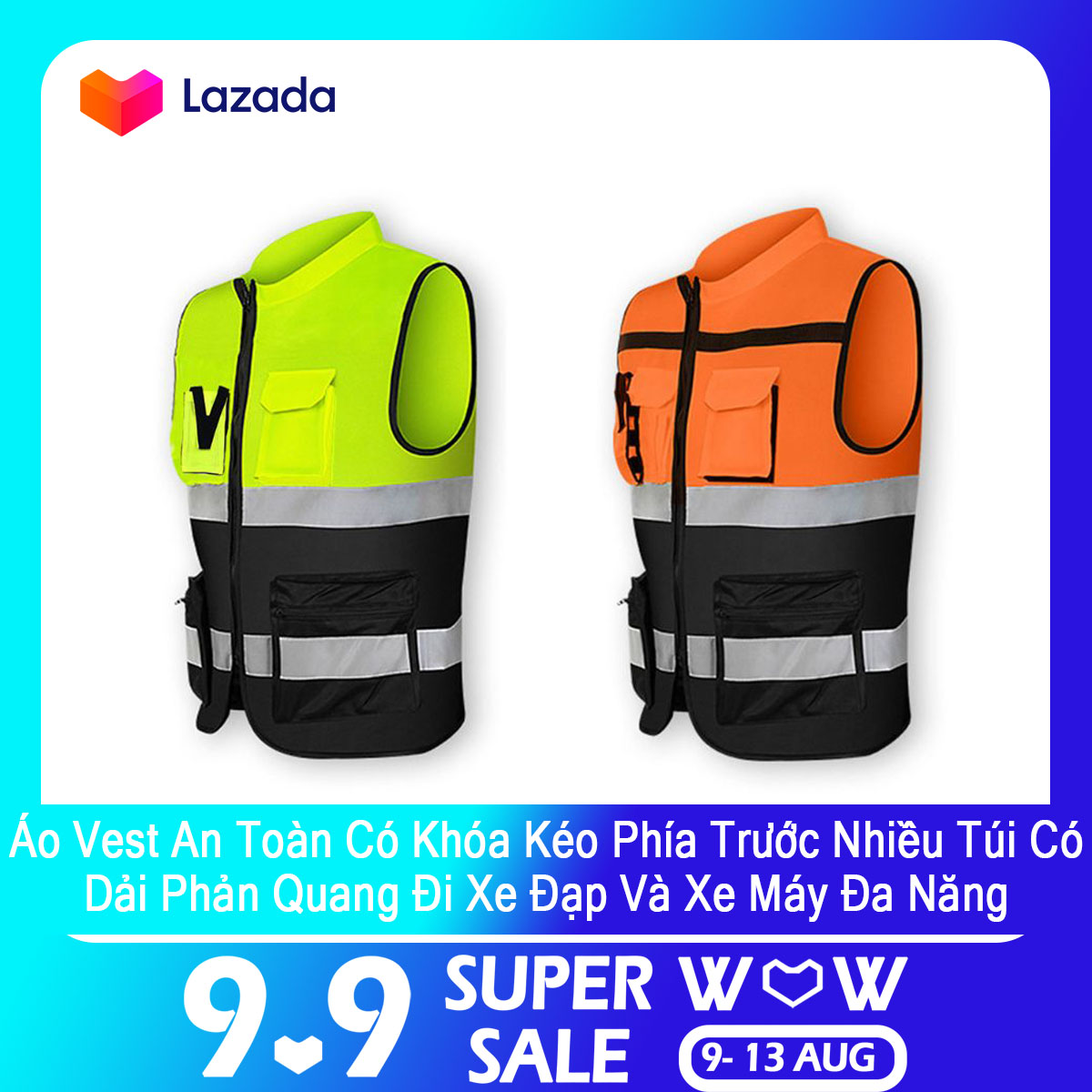 Áo Vest An Toàn Có Khóa Kéo Phía Trước Nhiều Túi Có Dải Phản Quang Đi Xe Đạp Và Xe Máy Đa Năng