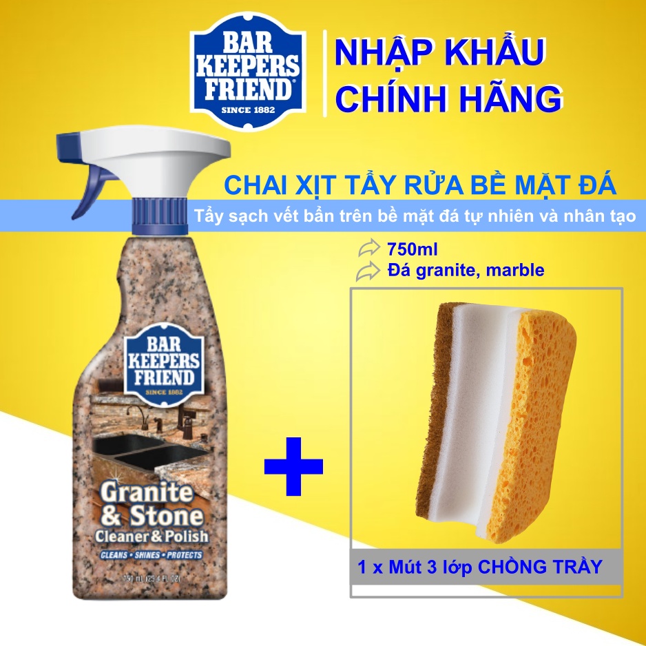Chai xịt tẩy rửa bề mặt đá BKF 750ml - Stone & Granite, tẩy sạch và làm bóng mặt đá tự nhiên và nhân tạo, mặt bếp