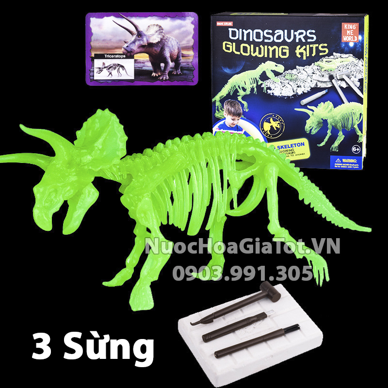 Khảo cổ khủng long 2 sừng dạ quang dinosaur size l 30cm