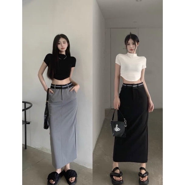 Chân váy dáng dài xẻ tà 2 màu hottrend, Chân váy ôm dáng dài xẻ tà
