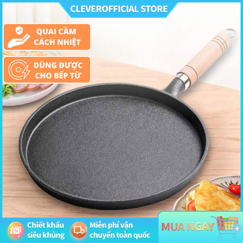 ⚡Miễn Phí Vận Chuyển⚡Chảo gang chống dính đúc nguyên khối quai cầm gỗ cách nhiệt đường kính 26cm chảo chiên rán đổ bánh xèo