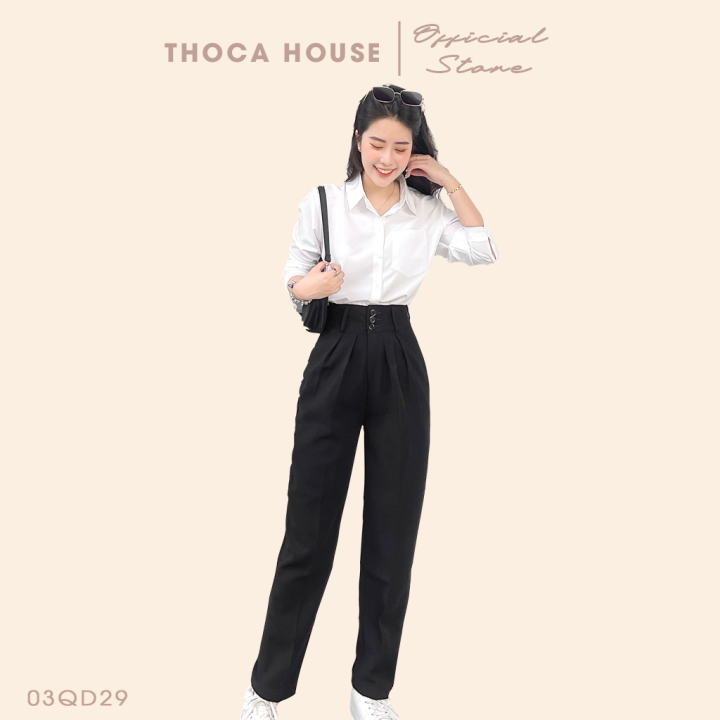 Quần tây baggy nữ cạp cao 3 nút dài trơn đen 144 THOCA HOUSE form dáng chuẩn, phù hợp đi làm, đi học